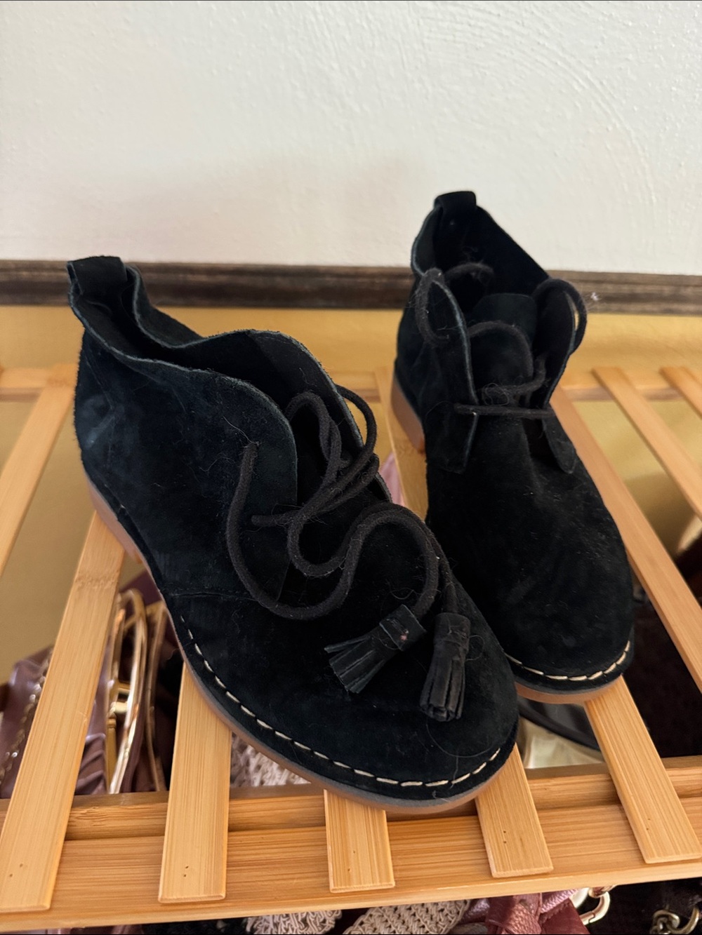 Hush Puppies Black Suede Tassel Lace-Up Ankle Booties